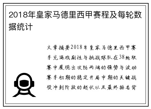 2018年皇家马德里西甲赛程及每轮数据统计