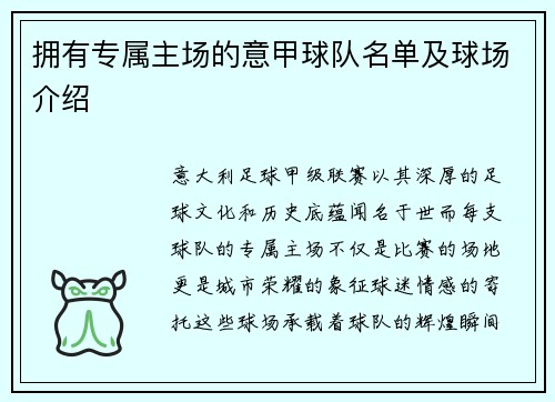 拥有专属主场的意甲球队名单及球场介绍